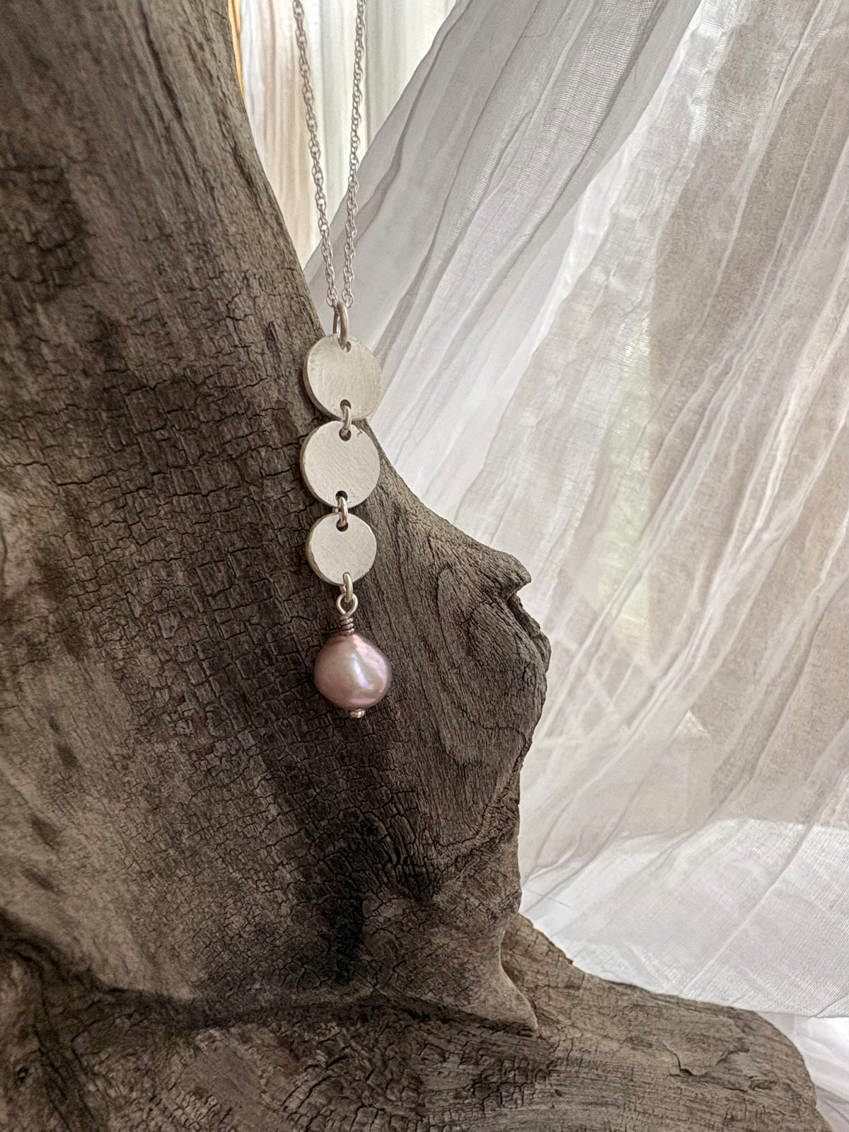 laws of nature.  lavender baroque pearl & fine silver disc pendant necklace
