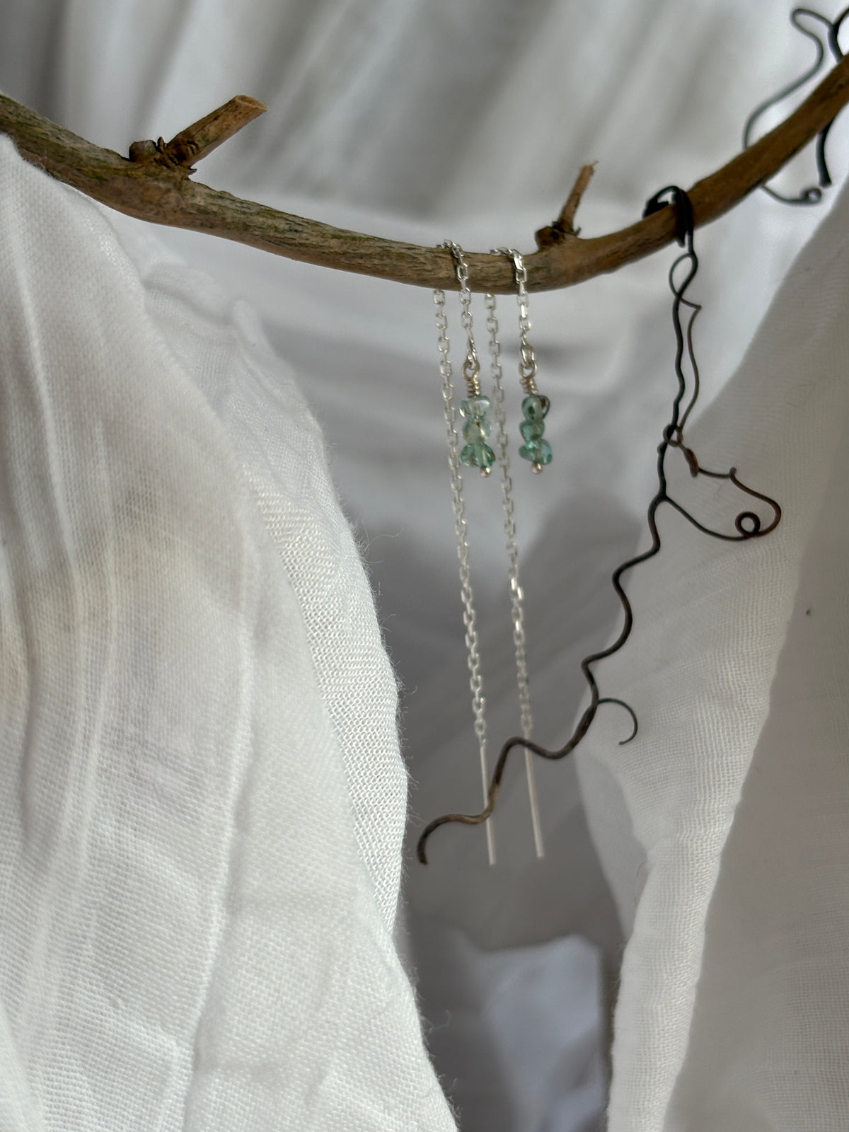 luminous. emerald nugget threader earrings. long sterling silver chain.