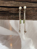 cascade. rustic sterling silver stud earrings with green tourmaline crystals and long linear sterling chain accents.
