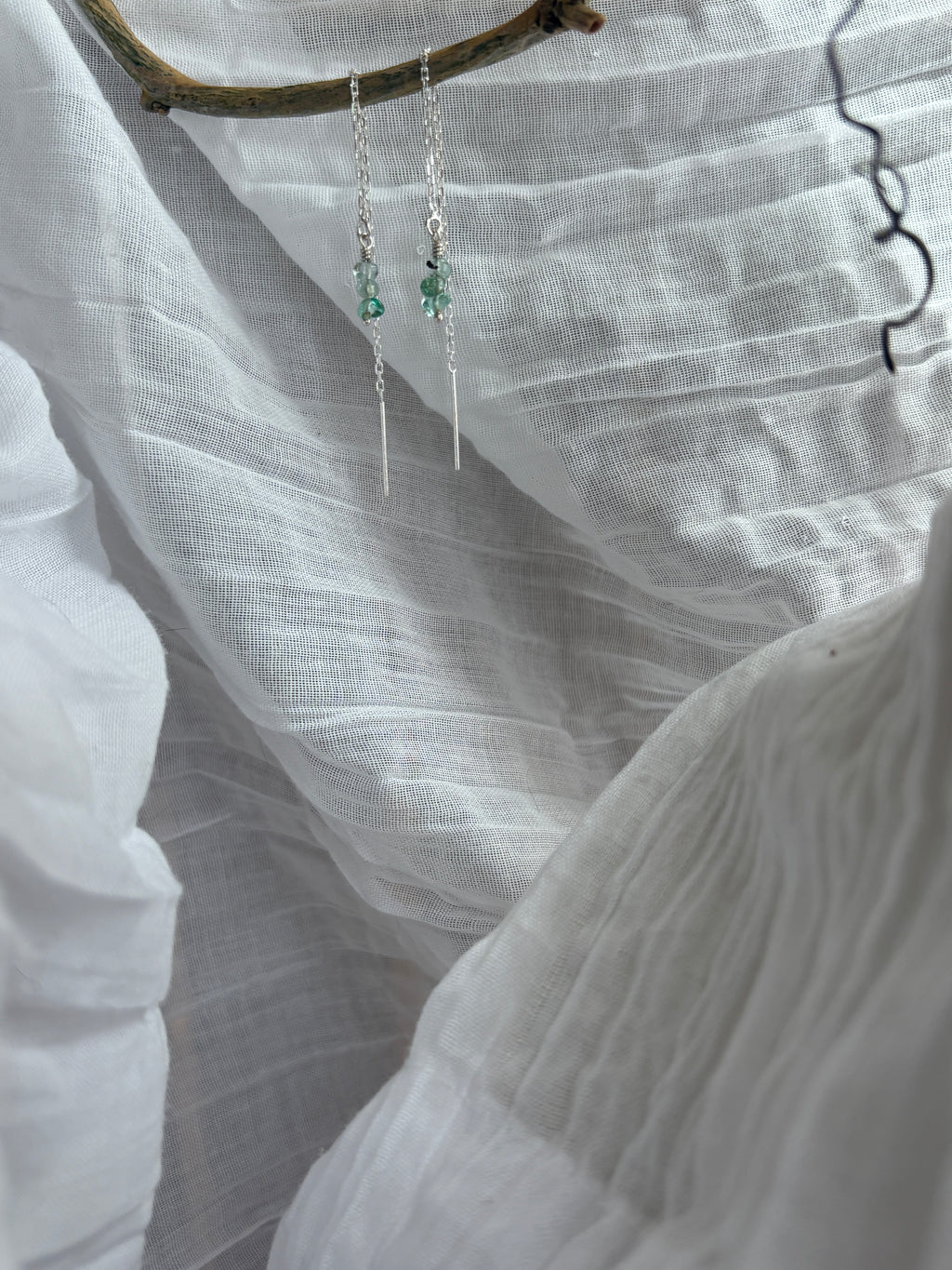 luminous. emerald nugget threader earrings. long sterling silver chain.
